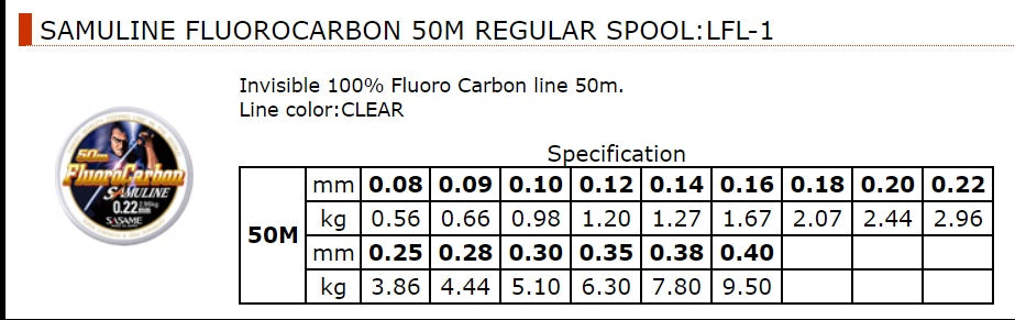 SASAME FLUOROCARBON 50M LEADER LINE more size available